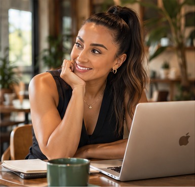 Suruchi seated at a cafe table with a laptop