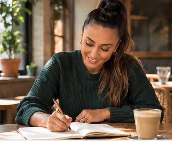 Suruchi writing in a notebook at a cafe